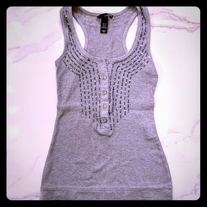 H&M Grey Ribbed Beaded Racerback Henley Tank Top